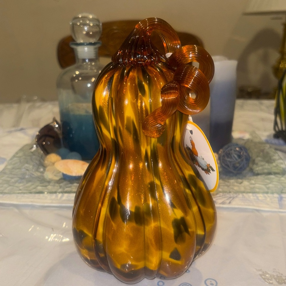 Glass Pumpkin Hand Blown Leopard Print- 9" - Picture 2 of 5
